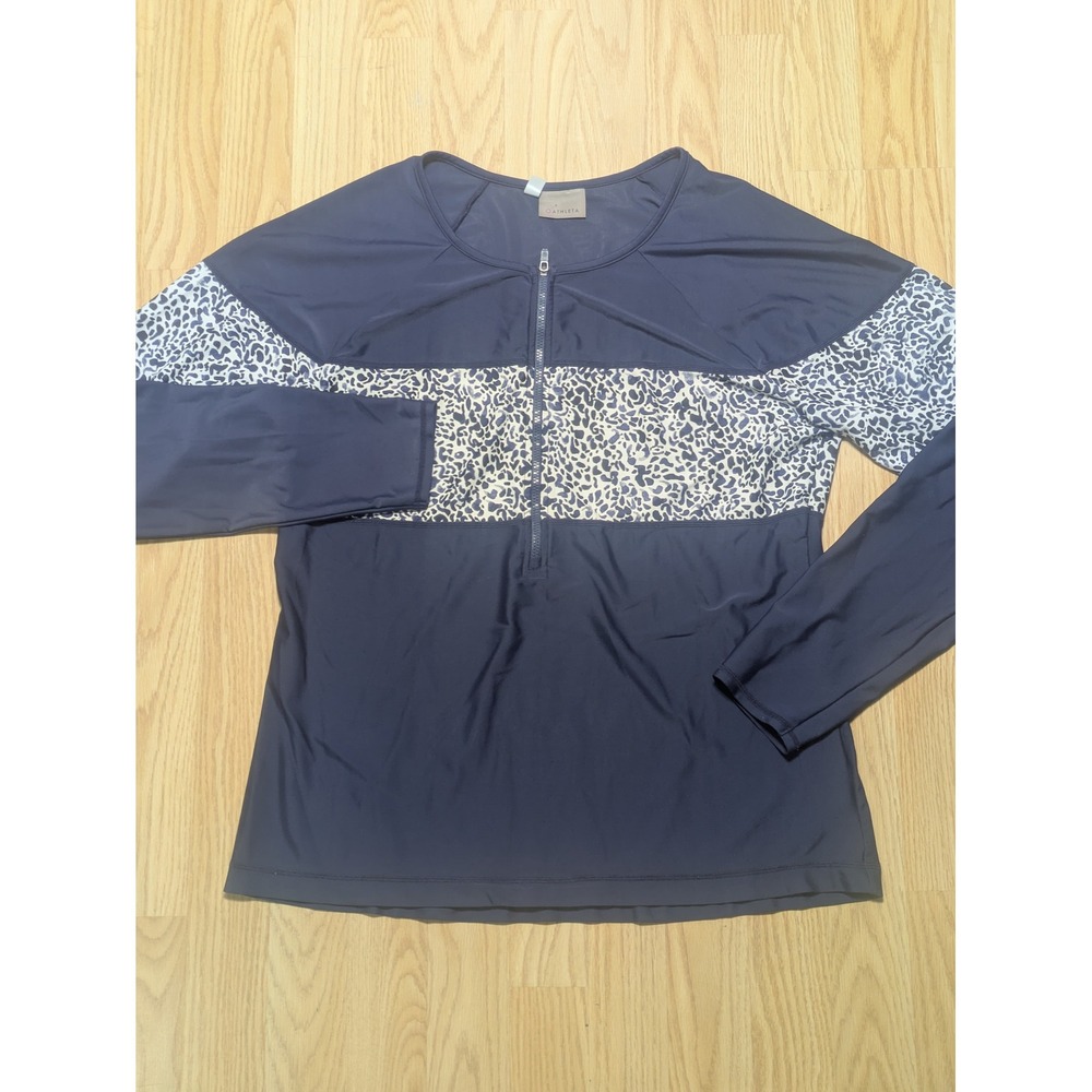 Athleta Womens Long Sleeve Quarter Zip Rash Guard Navy Blue Leopard Print XL